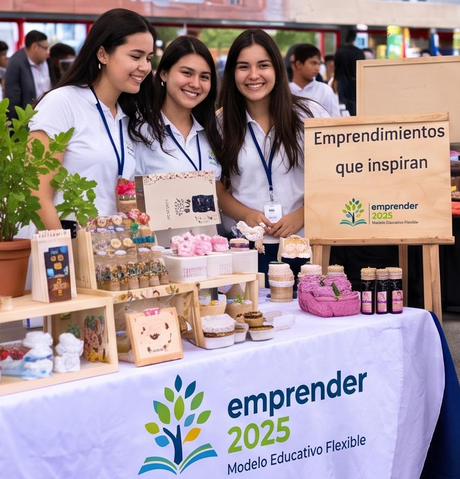 Estudiantes en su stand de la Feria de Emprendimiento con artesanías
