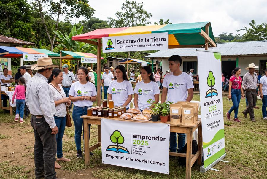 Estudiantes presentando miel, pan y semillas en una feria rural