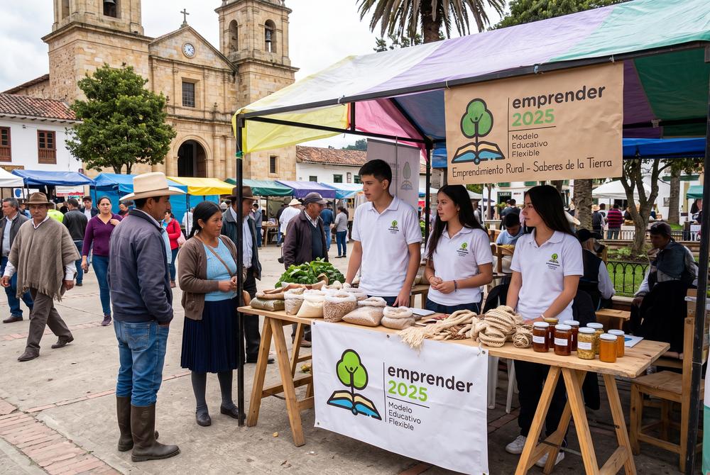 Feria de emprendimiento rural en la plaza de un municipio, con campesinos y estudiantes